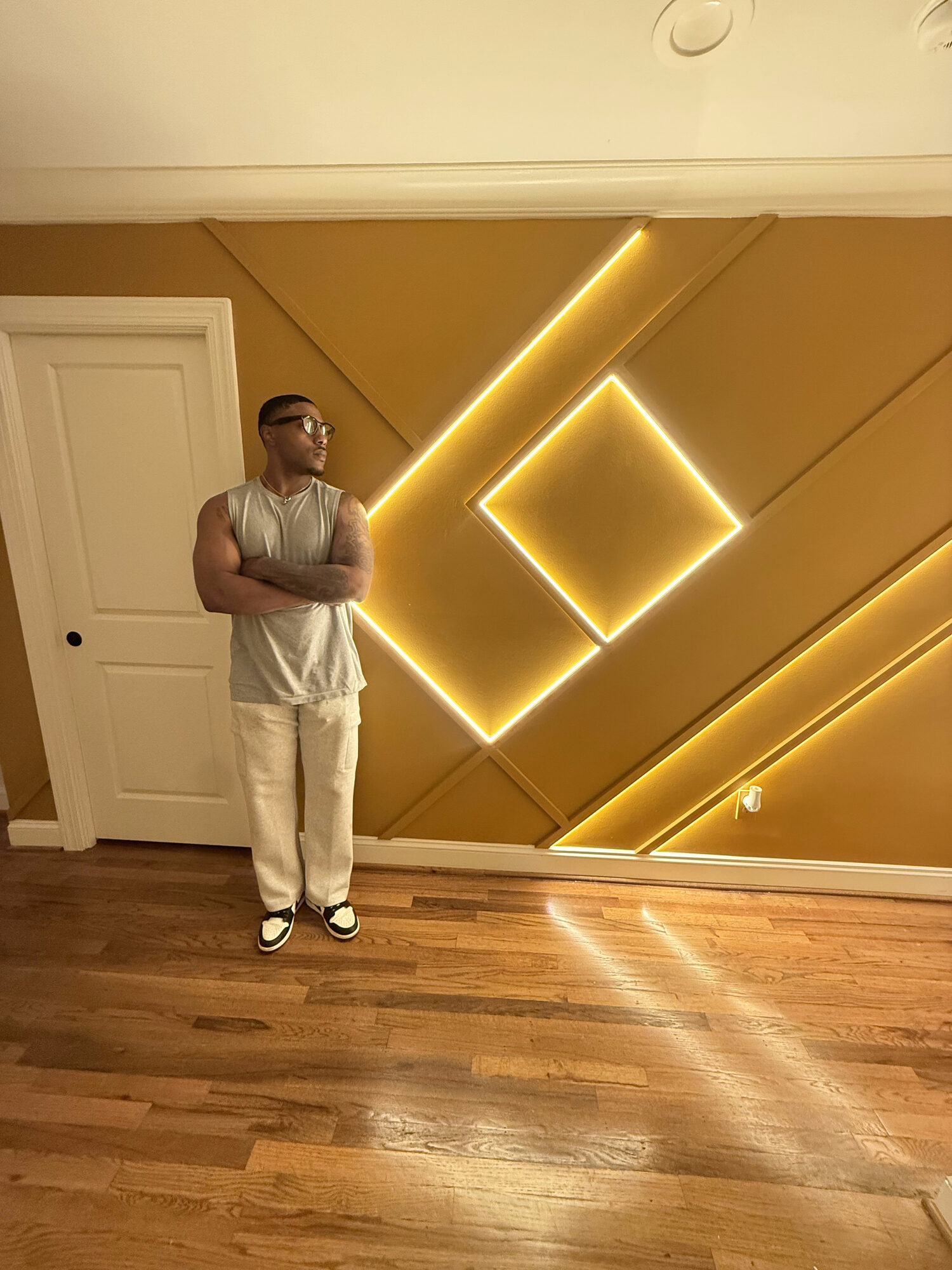 Gold geometric LED accent wall